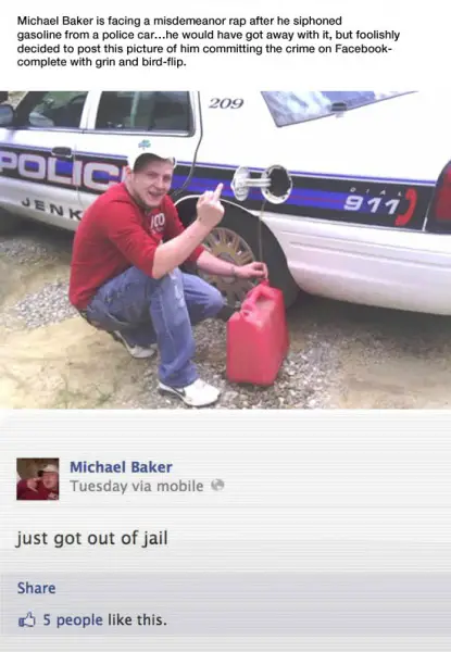 Idiot Steals Gas from Cop Car, then posts about it on Facebook.