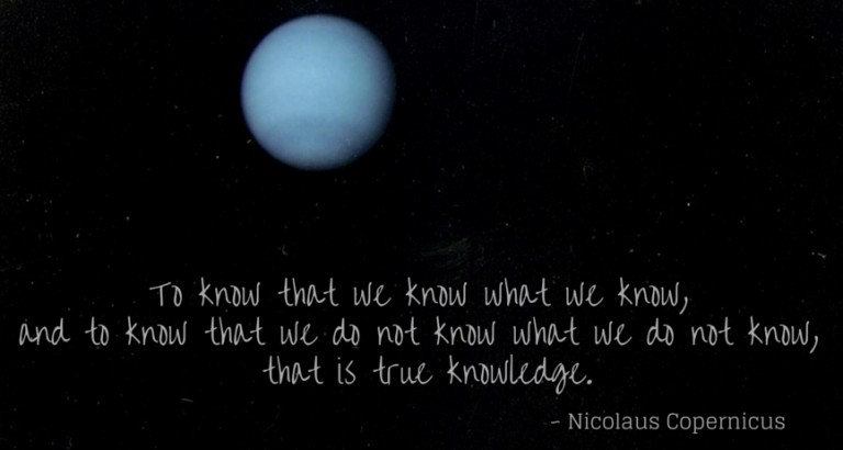 Portrait of Nicolaus Copernicus alongside quotes about the Sun's central role