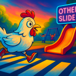 Cartoon chicken crossing a playground toward another slide—punchline to “Why did the chicken cross the playground? To get to the other slide.”