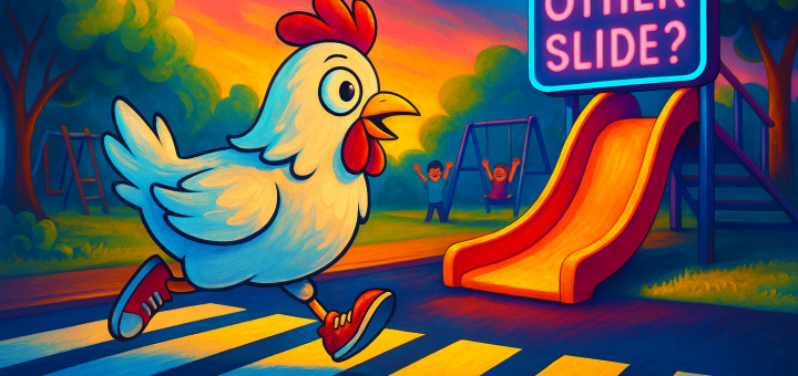 Cartoon chicken crossing a playground toward another slide—punchline to “Why did the chicken cross the playground? To get to the other slide.”