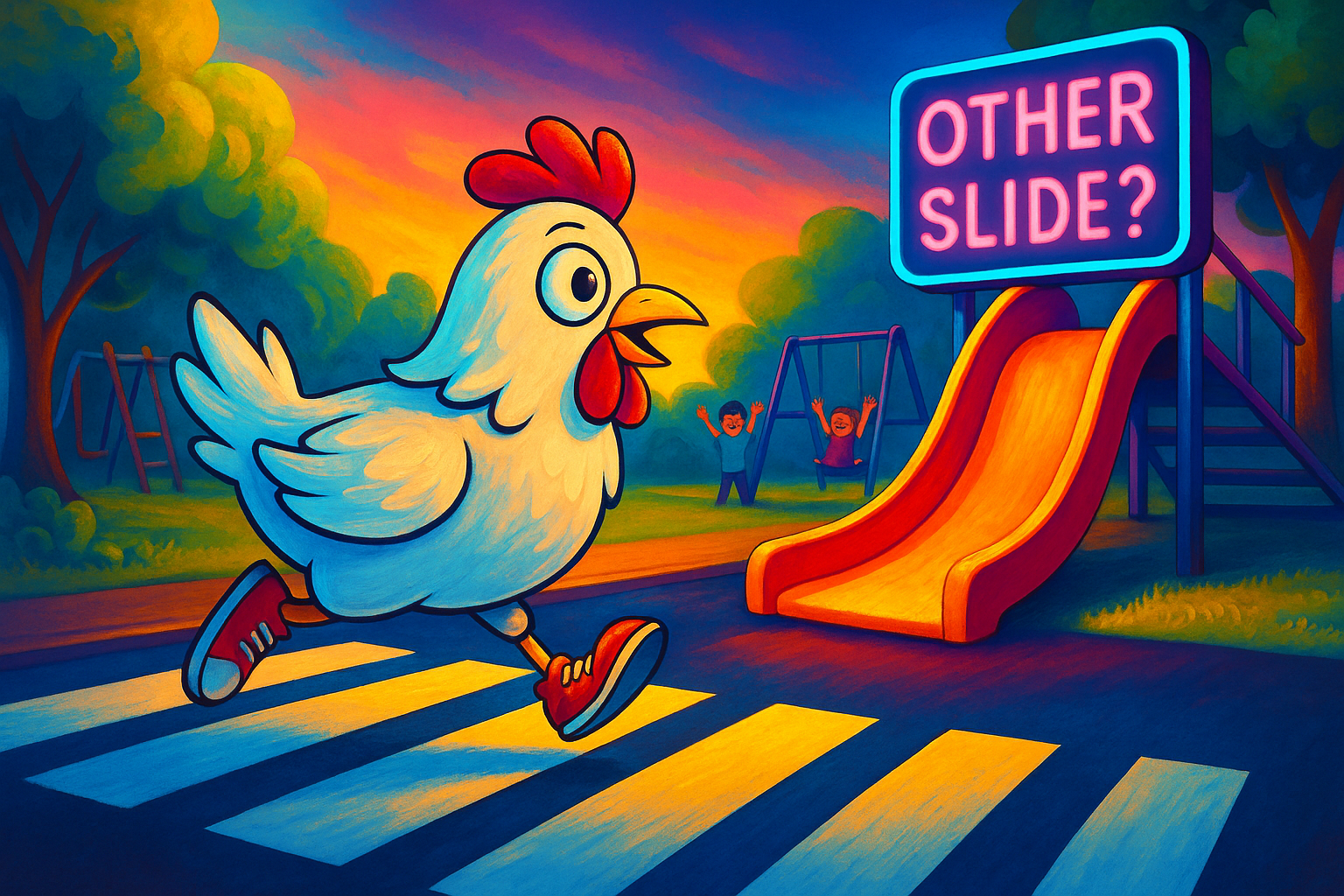 Cartoon chicken crossing a playground toward another slide—punchline to “Why did the chicken cross the playground? To get to the other slide.”