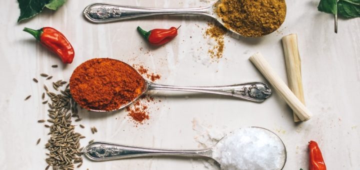 five spoons filled with spices