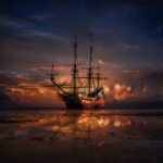 pirate ship on sea during sunset