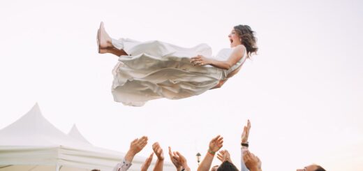 screaming woman in wedding dress in the air