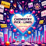 vibrant illustration with periodic table elements, hearts, and lab equipment, highlighting '111+ Chemistry Pick Up Lines'