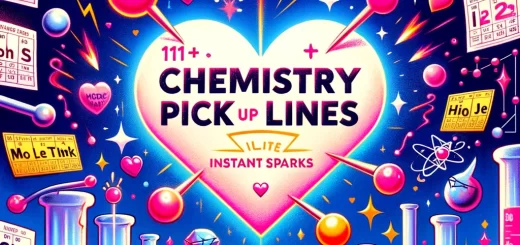 vibrant illustration with periodic table elements, hearts, and lab equipment, highlighting '111+ Chemistry Pick Up Lines'