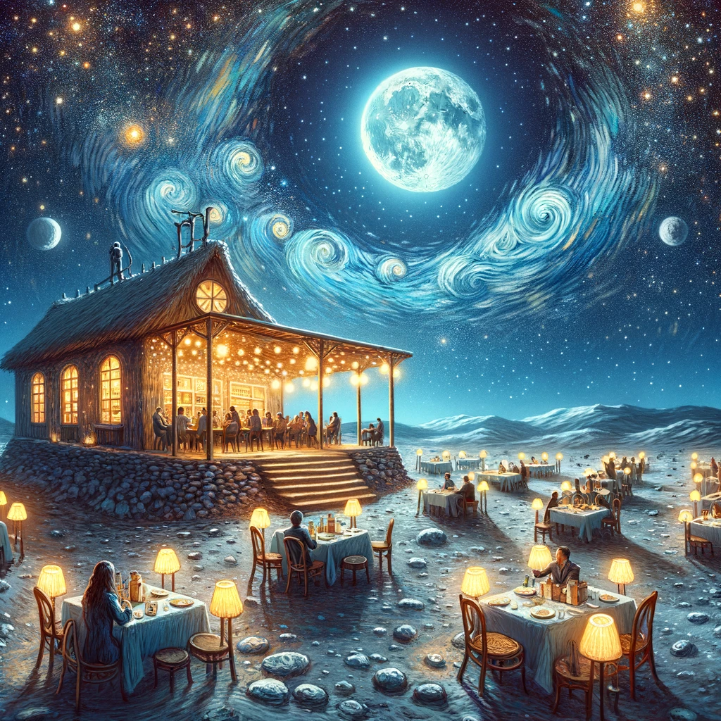 illustration that depicts people eating under the full moon