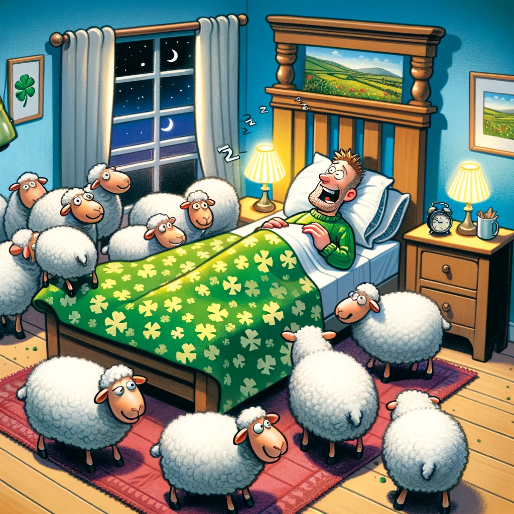 Illustration of Irishman in Bed Talking To Sheep