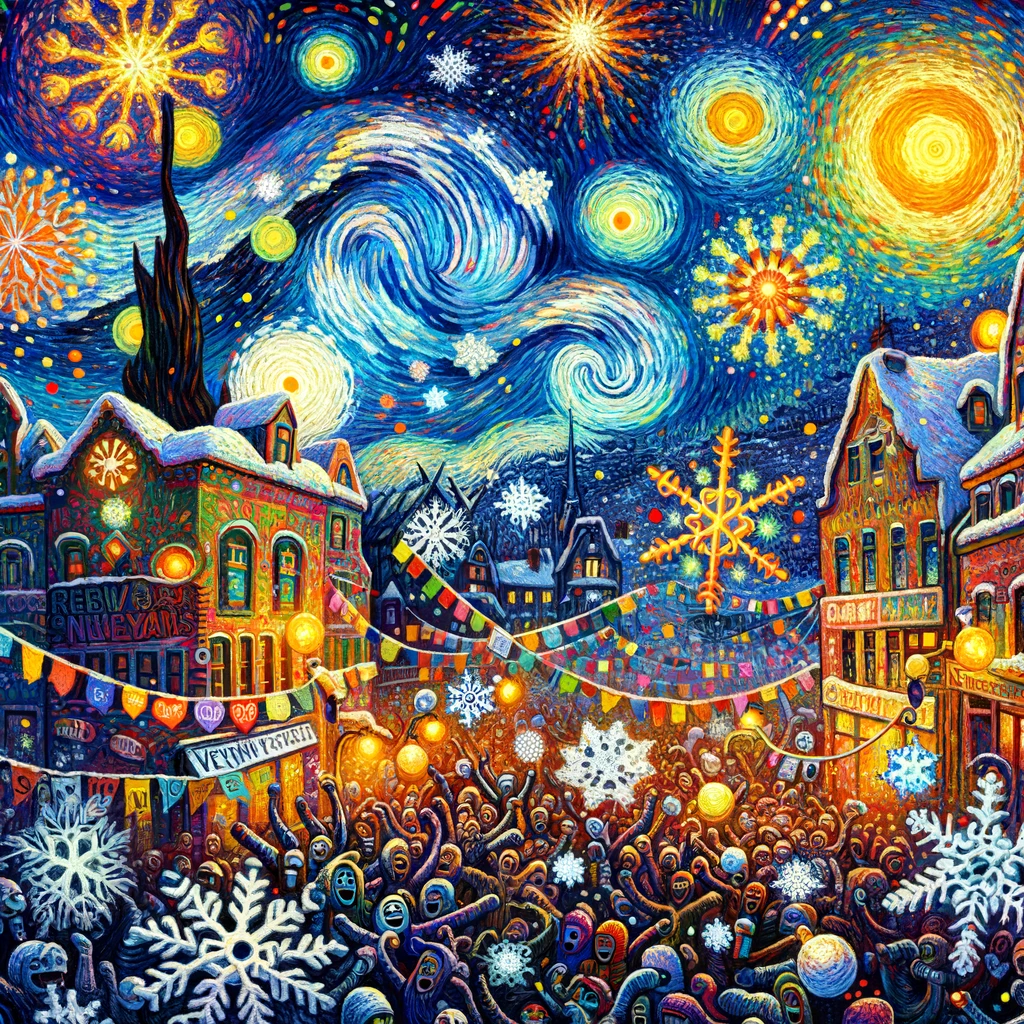 A vibrant and colorful New Year's Eve celebration captured from the perspective of joyous snowflakes descending on a lively townscape