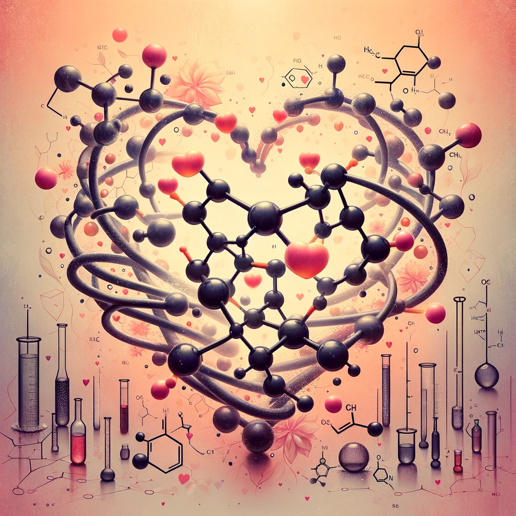 Illustration of organic chemistry with heart-shaped molecules and carbon atoms in a loving embrace, set against a warm, scientific backdrop
