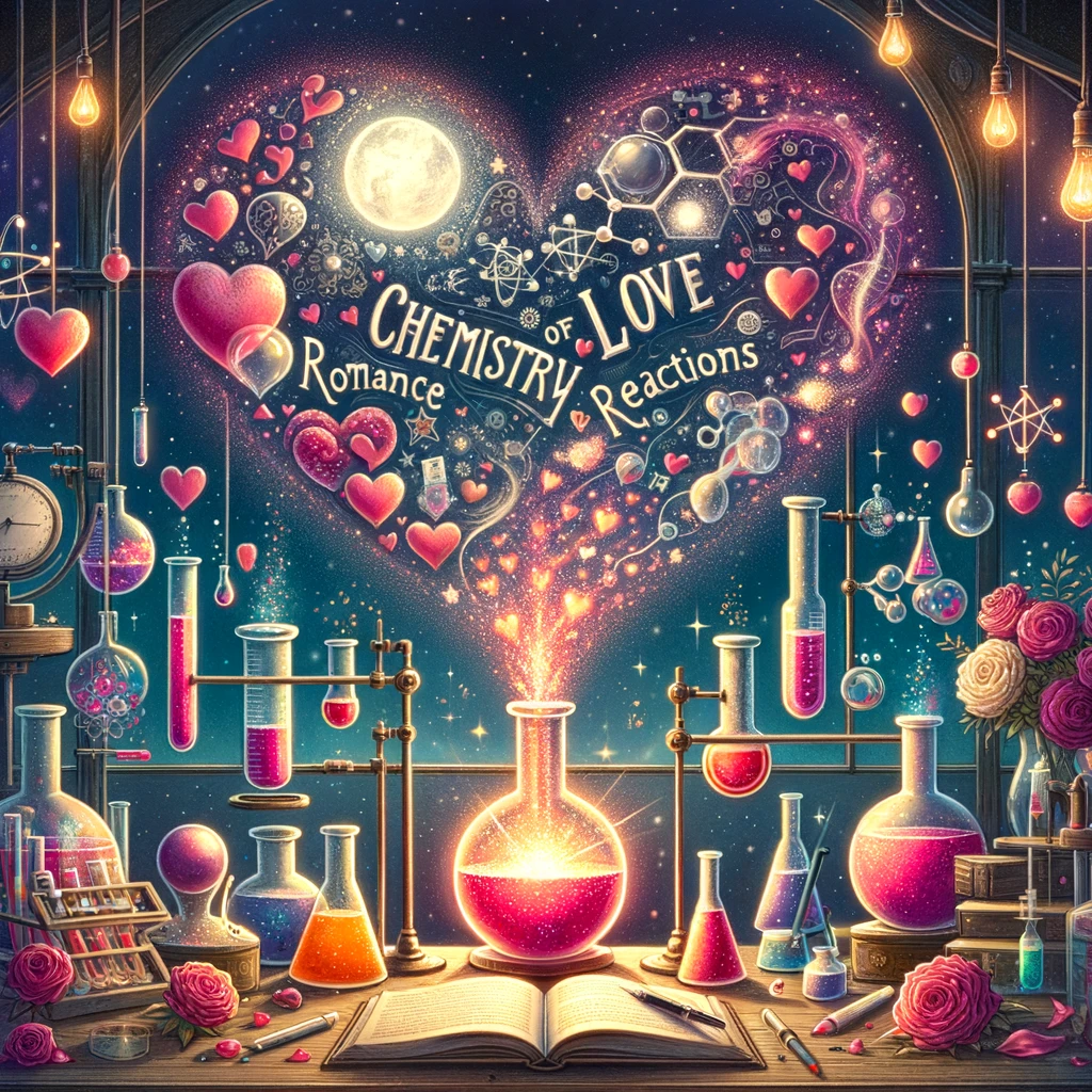 Romantic and whimsical illustration showcasing the fusion of love with science, featuring hearts and romantic symbols amidst test tubes and beakers, highlighting the dynamic interplay between love's emotions and chemical reactions