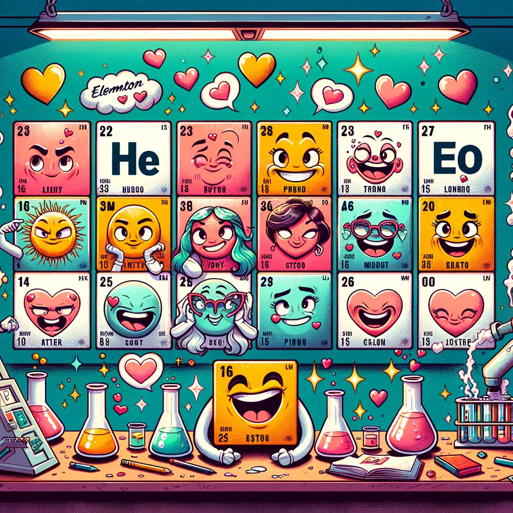 Whimsical illustration showcasing periodic table puns: elements with faces flirt among hearts and sparkles in a classroom adorned with chemistry and romance doodles