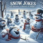 A whimsical winter scene depicting snowmen with exaggerated joyful expressions, engaging in comedic activities such as throwing snowballs and wearing funny hats, under the title "Snow Jokes That Guarantee a Blizzard of Giggles!"