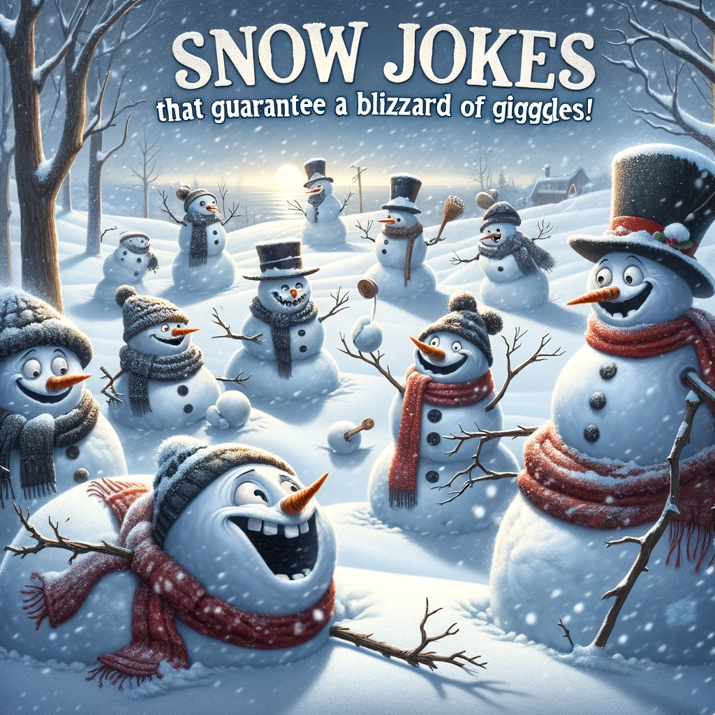 A whimsical winter scene depicting snowmen with exaggerated joyful expressions, engaging in comedic activities such as throwing snowballs and wearing funny hats, under the title "Snow Jokes That Guarantee a Blizzard of Giggles!"