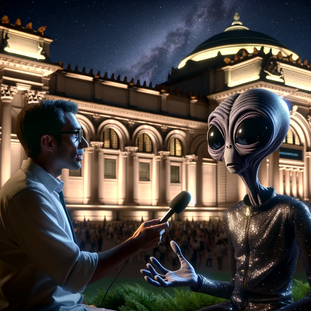 Continuation of the night scene outside The Metropolitan Museum of Art featuring a space alien and a reporter. The alien, dressed in an elegant outfit, engages in an animated discussion about Earth's cultural practices, with the museum's iconic architecture lit beautifully in the background under a starry sky.