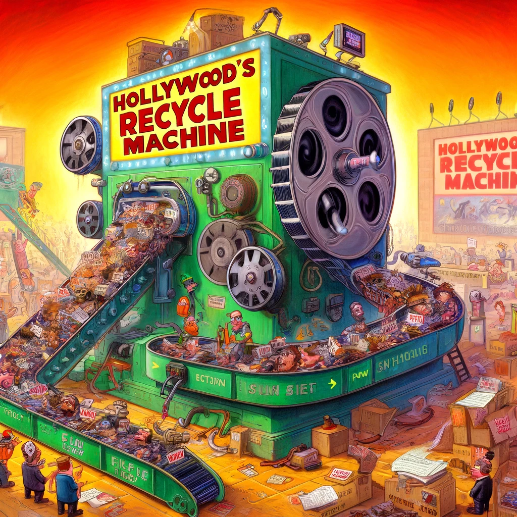 satirical and vibrant illustration depicting 'Hollywood's Relentless Recycle Machine In Action'