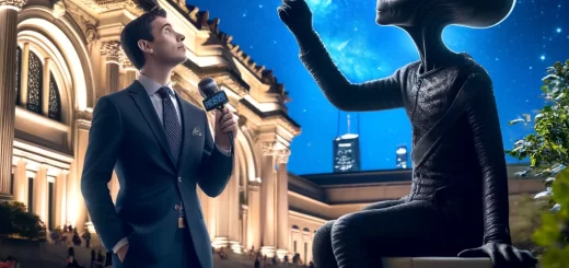 A reflective night scene outside The Metropolitan Museum of Art featuring a Humoropedia.com reporter and a space alien in conversation. The alien, dressed elegantly, points to the stars, sharing his interstellar travels, against the backdrop of the museum's illuminated architecture under a starry sky.
