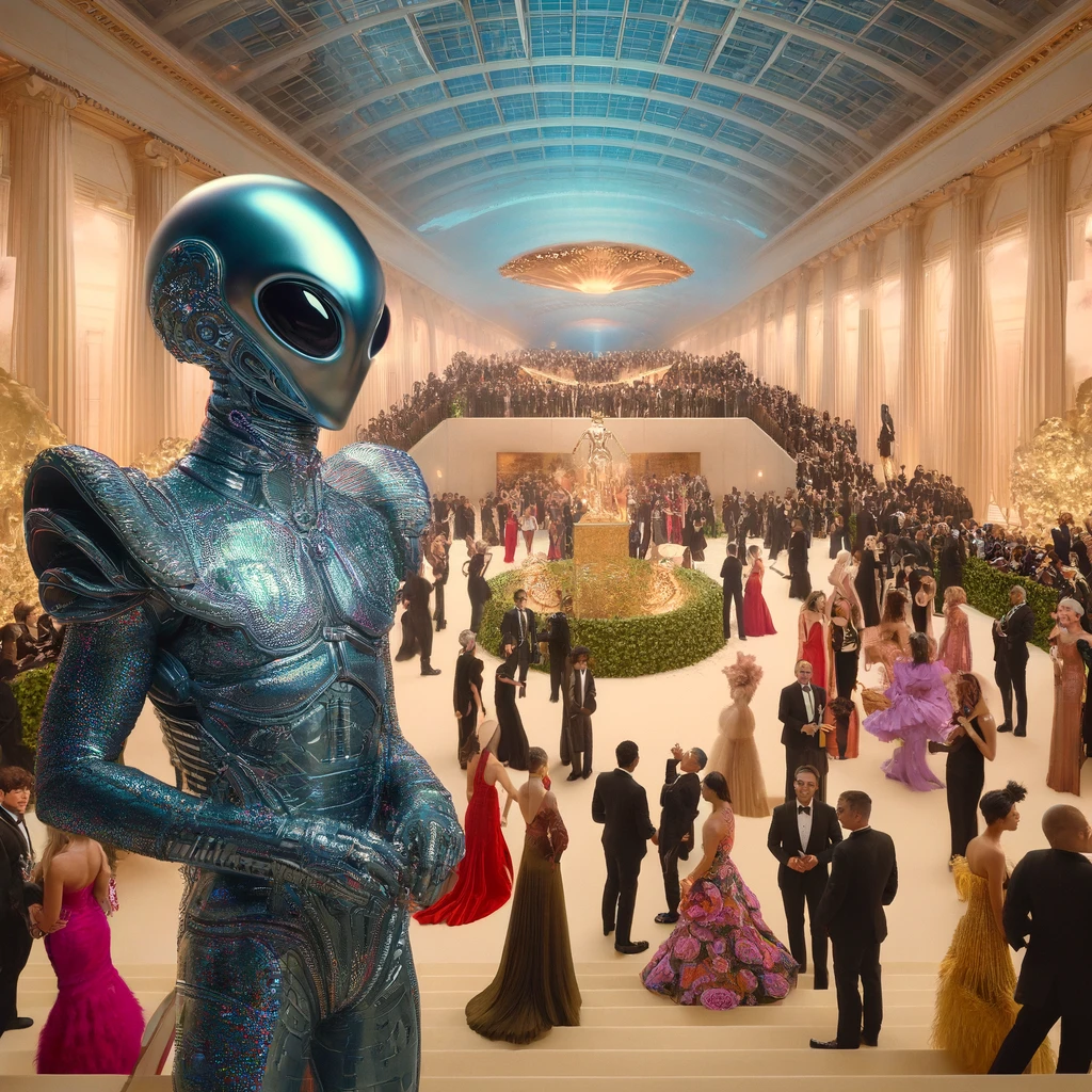 Futuristic Met Gala 2024 scene at The Metropolitan Museum of Art, showing a diverse crowd with humans and a uniquely dressed space alien interacting, highlighting a blend of haute couture and sci-fi elements in a vibrant, opulent setting.