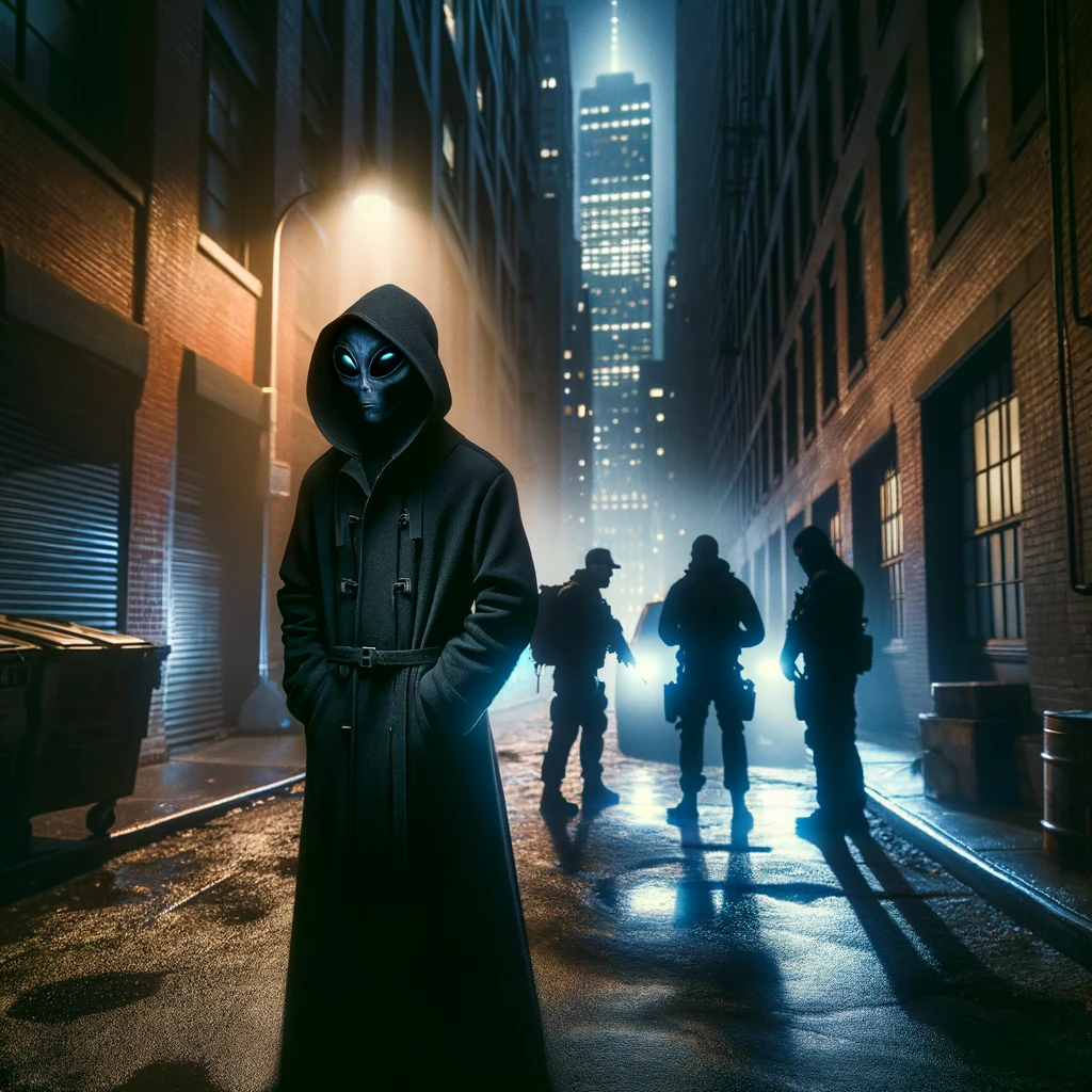 A tense night scene in a New York City alley, featuring a space alien cautiously observing as Men in Black agents search the area. The urban setting is dimly lit by streetlights, casting long shadows and creating a secretive atmosphere, highlighting the challenges of an extraterrestrial interview amid the city's skyscrapers.