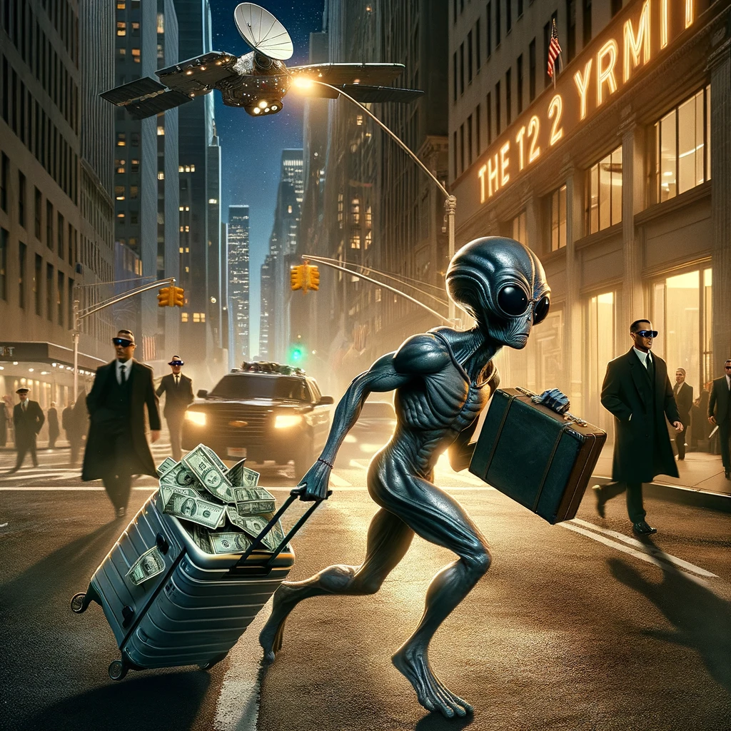 A space alien using invisibility technology navigates through New York City, dodging secret agents while humorously carrying counterfeit money, on his way to the Met Gala 2024. The scene captures a suspenseful moment in the bustling streets of Manhattan, filled with intrigue and stealth.