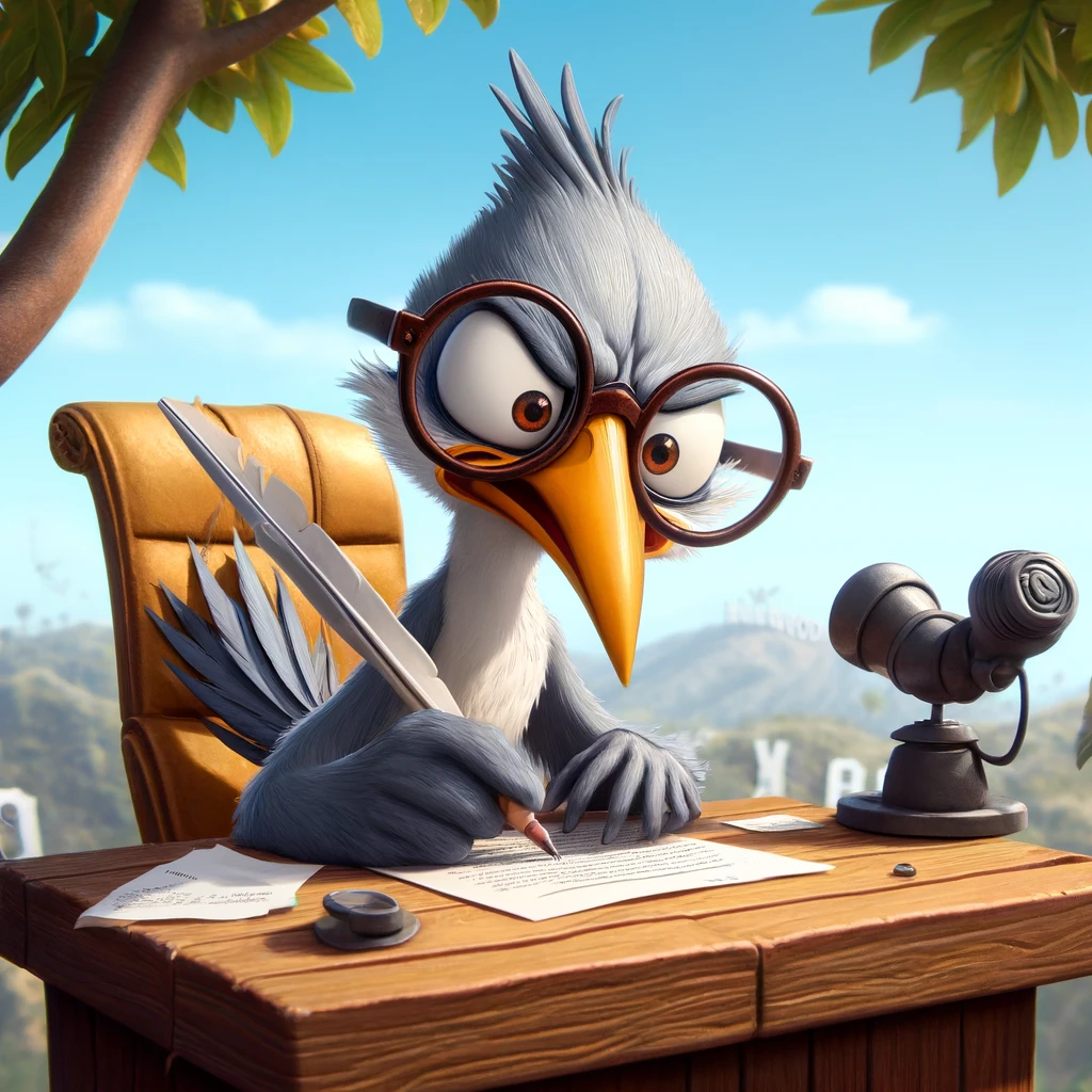 animated bird character with sharp wit who's writing movie critique with great irritation