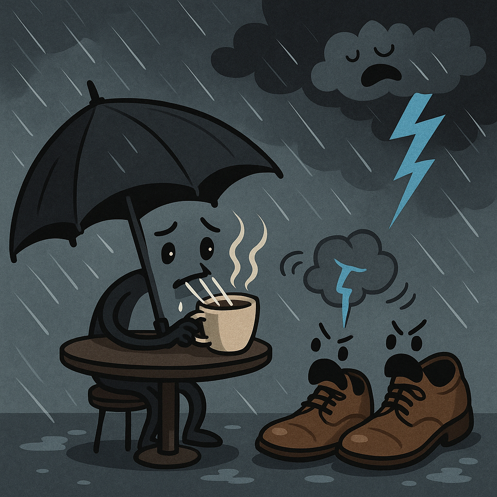 Umbrella Sips Coffee, Shoes Argue With Thunder