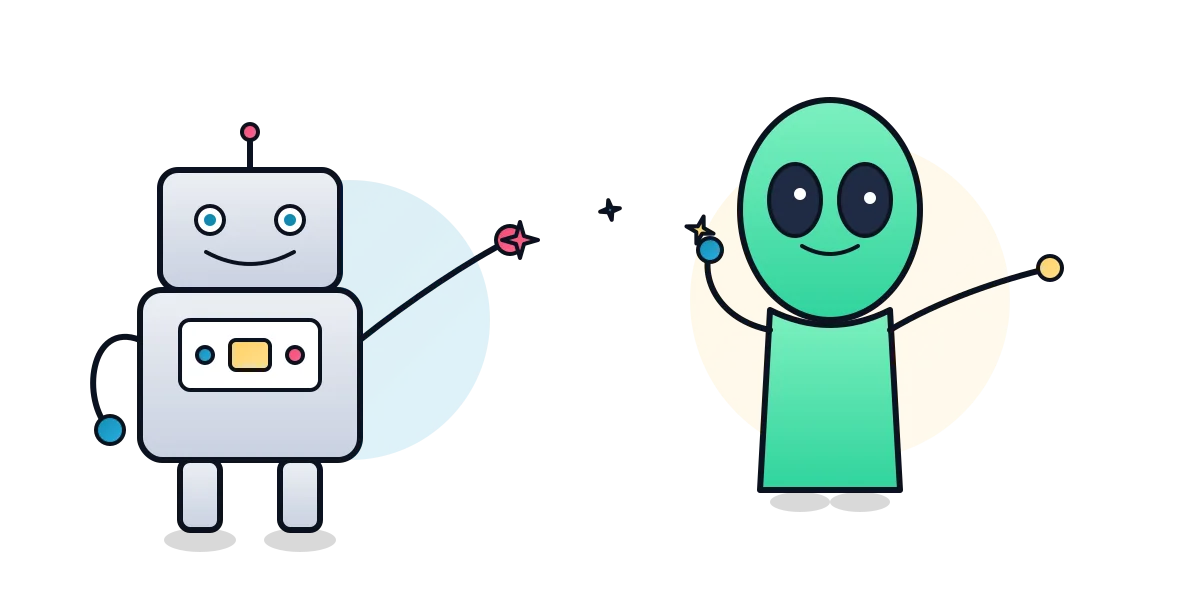 Cheerful robot and green alien laughing in a whimsical playground
