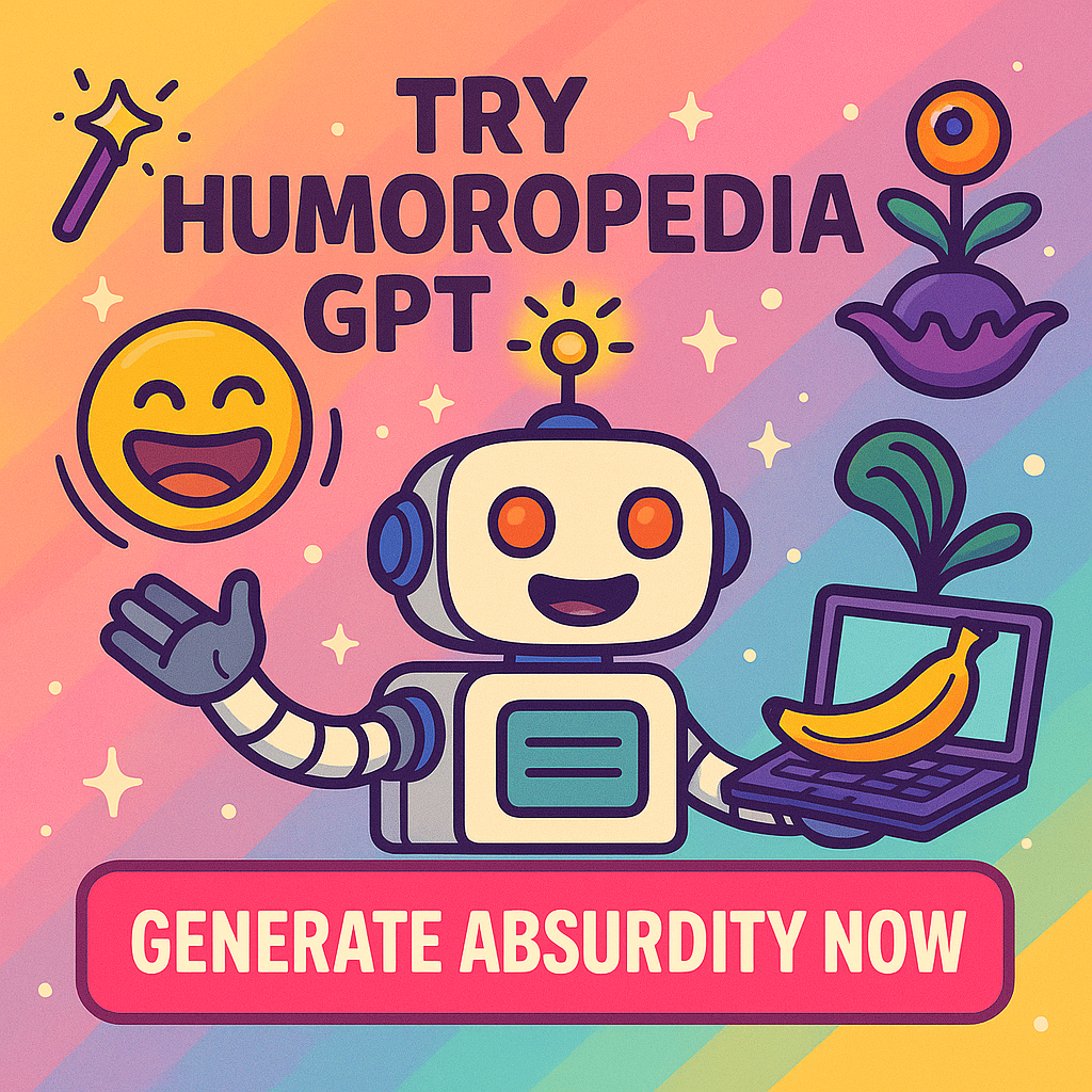 Cheerful cartoon robot holding a laptop with a banana, promoting Humoropedia GPT with the call to action Generate Absurdity Now